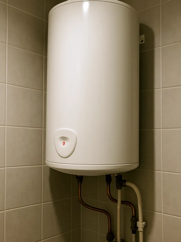 Varmtvannsbereder på badet, rød lampe lyser